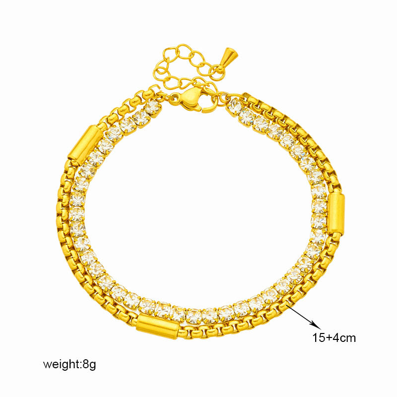 Punk Style Creative Hip Hop Handcrafted Rhinestone-Embellished Titanium Steel Multi-Layer Stackable Bracelet for Women