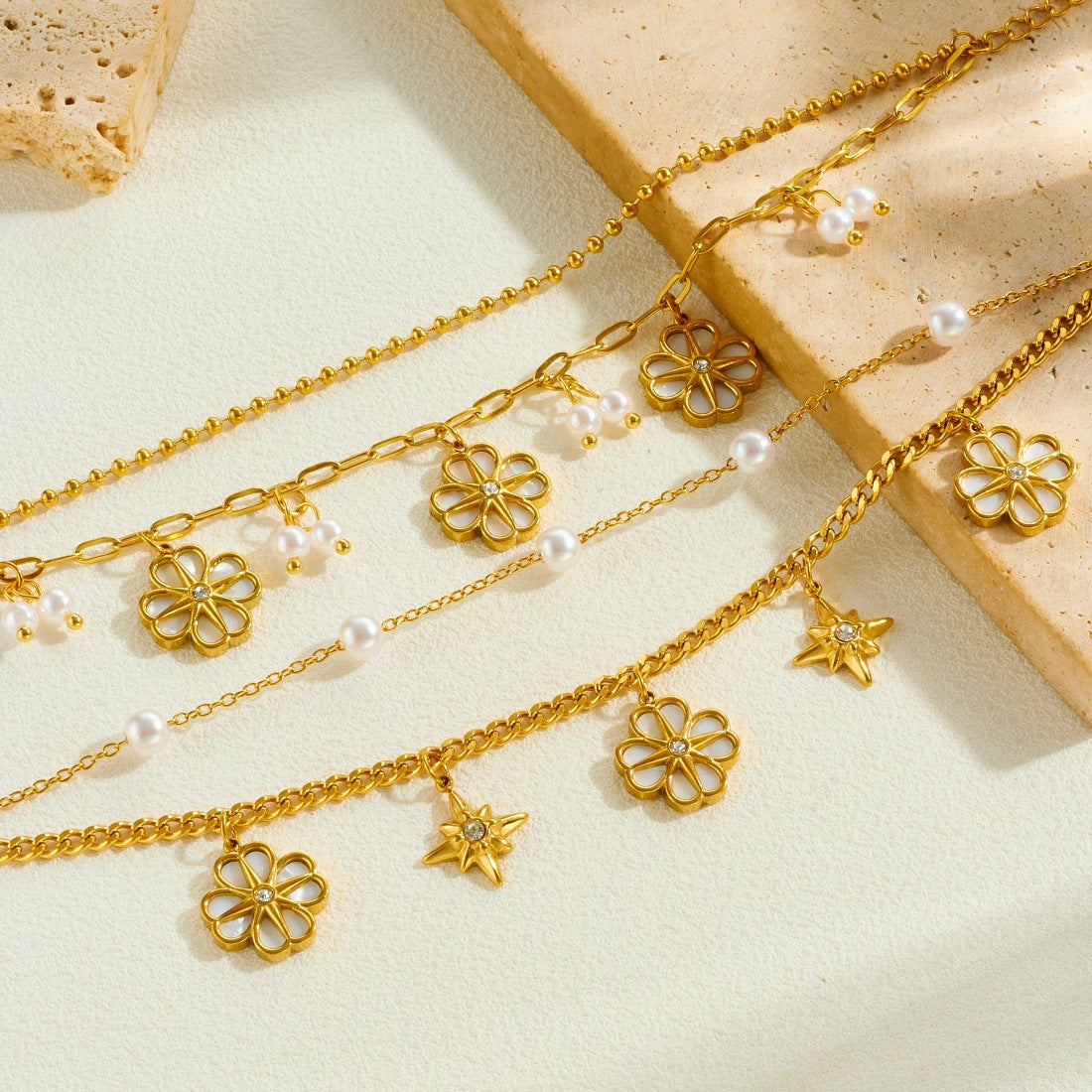Vintage Elegant Gold Plated Stainless Steel Floral Pearl Double Layer Chain Bracelet