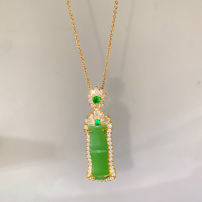 Vintage Sweet Green Bamboo Heart Plant Titanium Steel Plated Brass Pendant Necklace Cable Chain Unisex