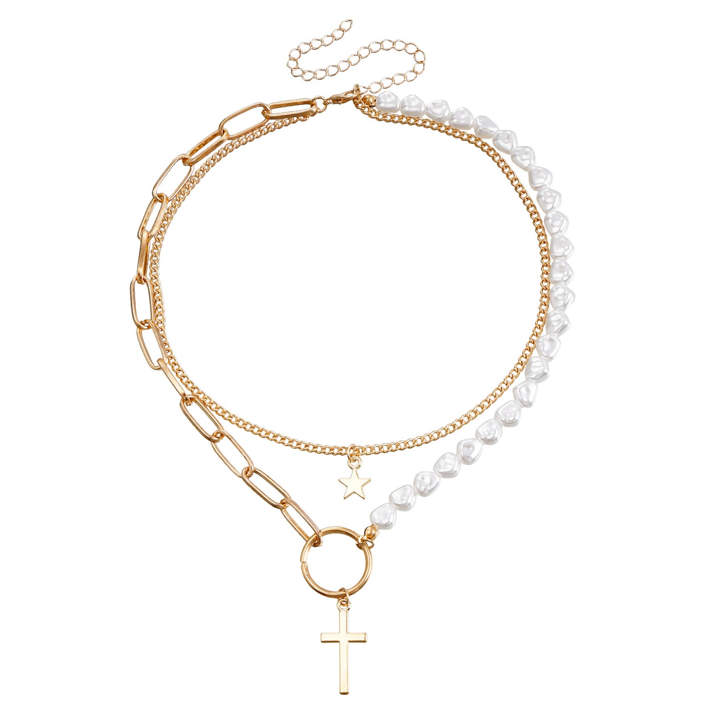 Vintage-Style Star and Cross Pendant Necklace for Women with Alloy Construction and Electroplated Finish