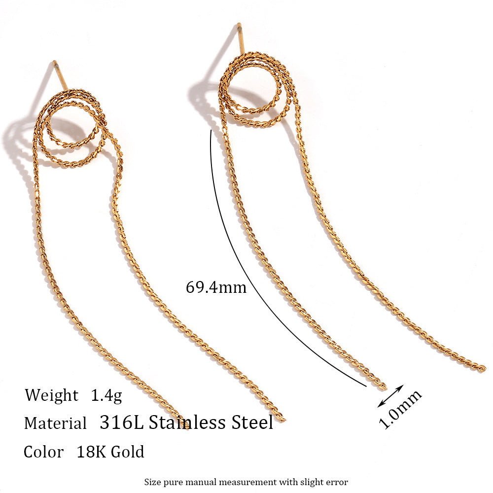 Fashionable Geometric Stainless Steel Earrings with 18K Gold Plating and Fringe Detail for Women