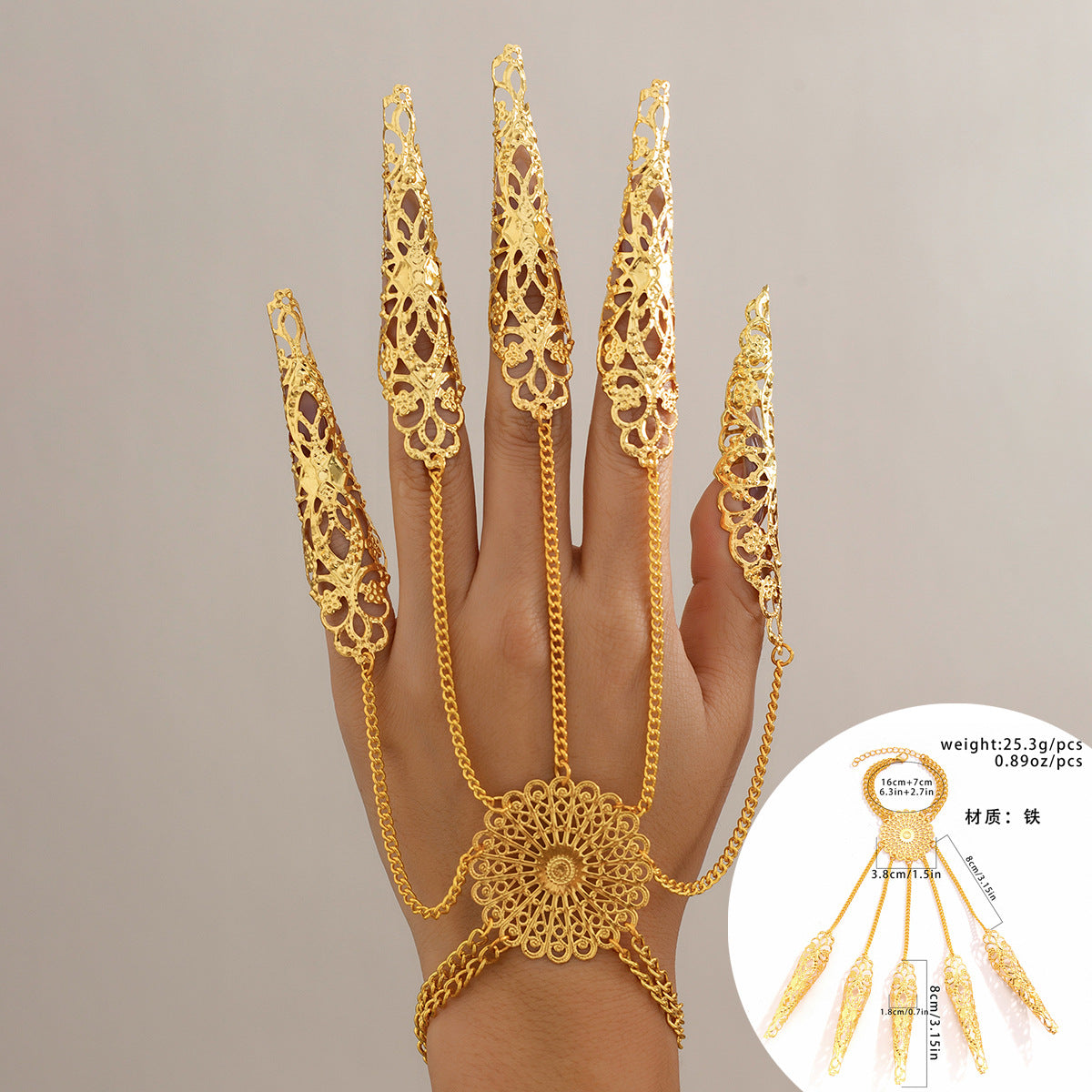 Gothic Style Geometric Pendant Finger Bracelet with Tassel and Chain Detail for Women