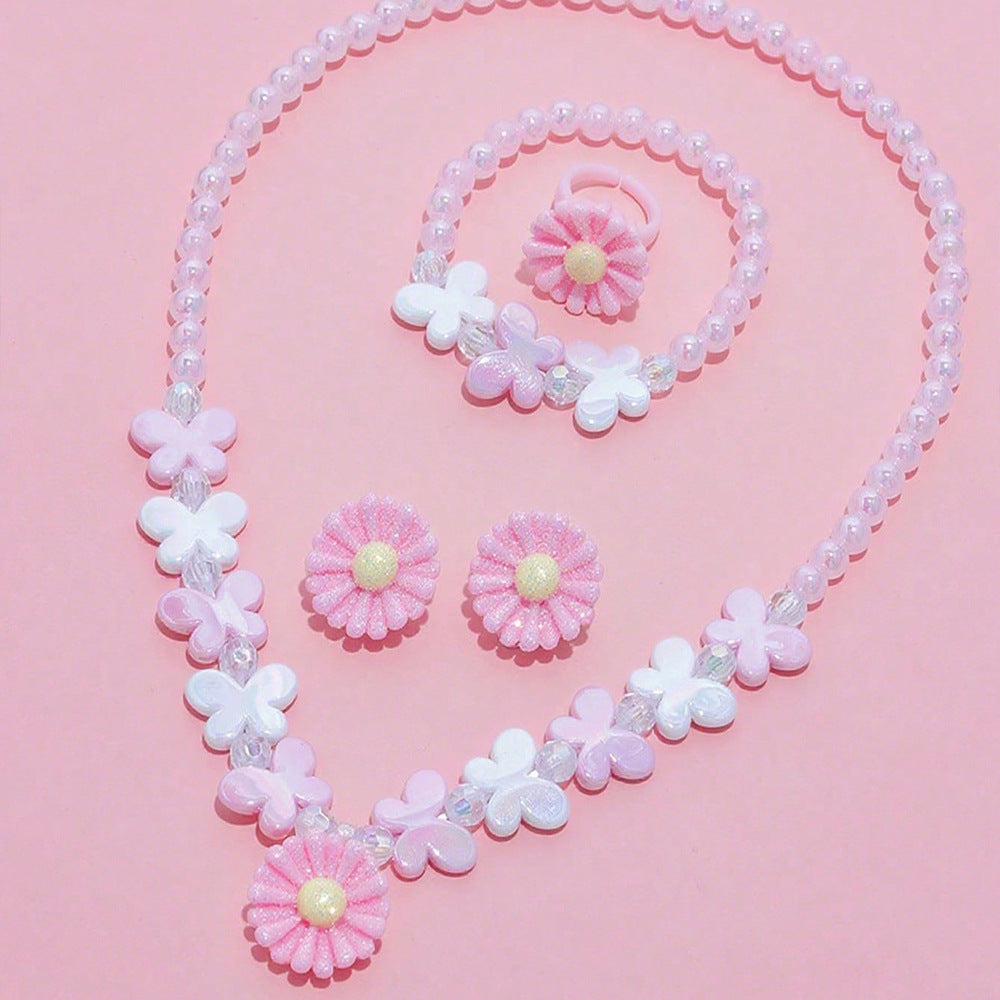 Set de collar de mariposa estilo caricatura para niños con dije de resina en cadena de cuentas con formas de corazón, estrella y flor