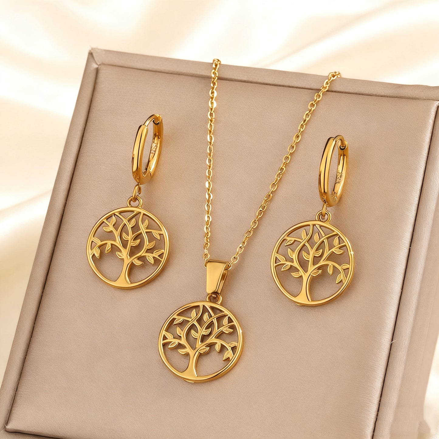 Minimalist Tree of Life Stainless Steel Plated Necklace and Earring Set for Women