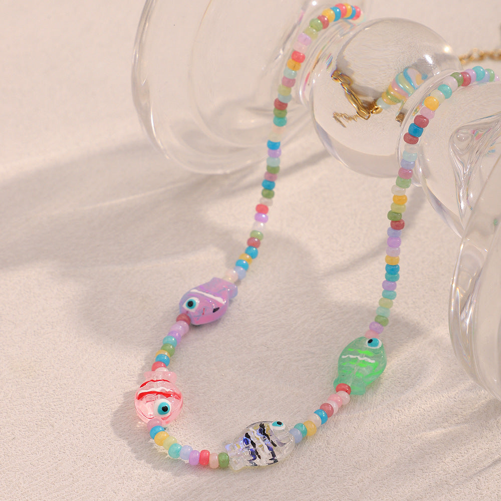 Collana con Pendente Geometrico a Fungo e Pesce di Tendenza per Donne in Acrilico con Catena in Acciaio Inox Placcato Oro 18K