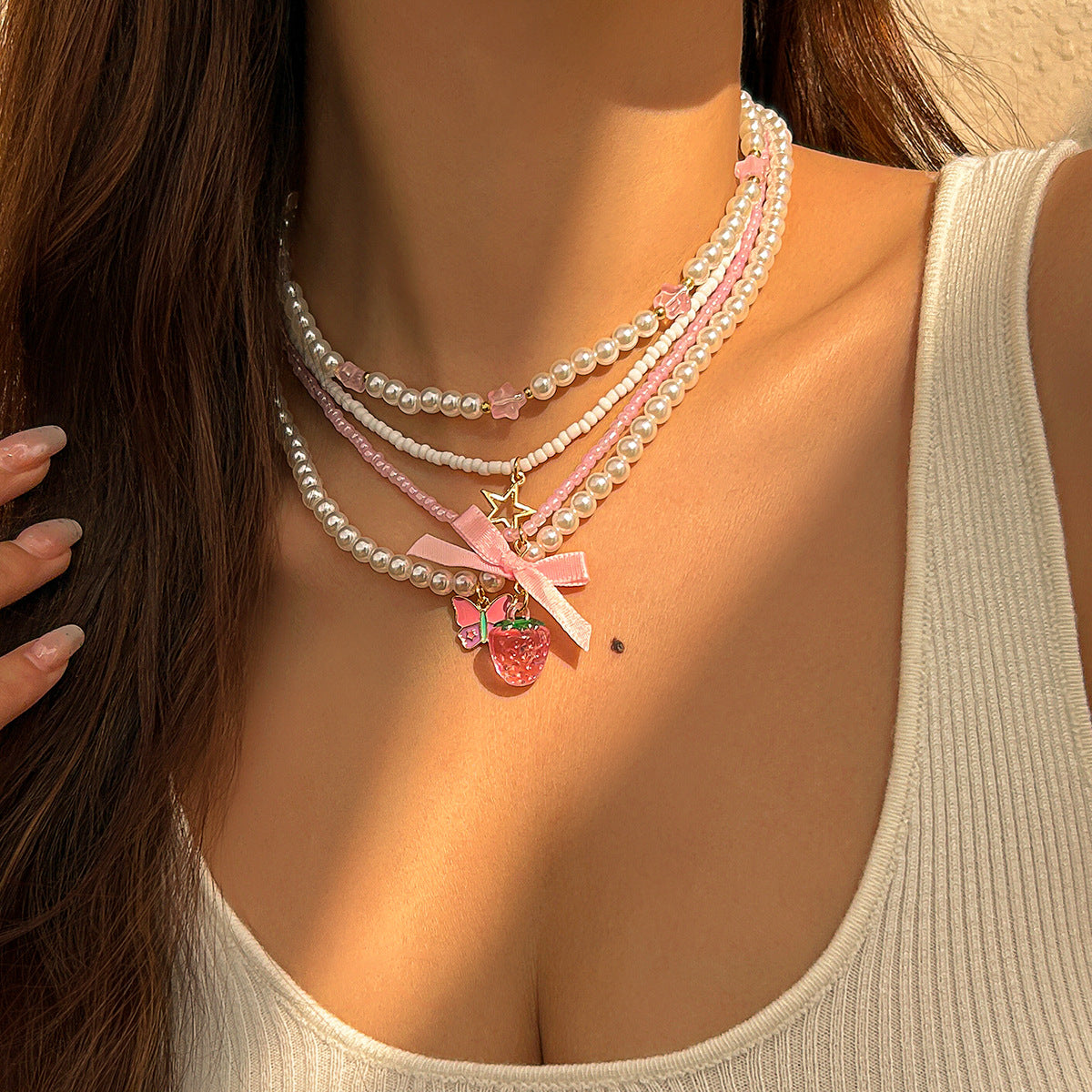 Sweet Strawberry Pendant Multi-Layer Alloy Necklace with Imitation Pearl Beads for Women