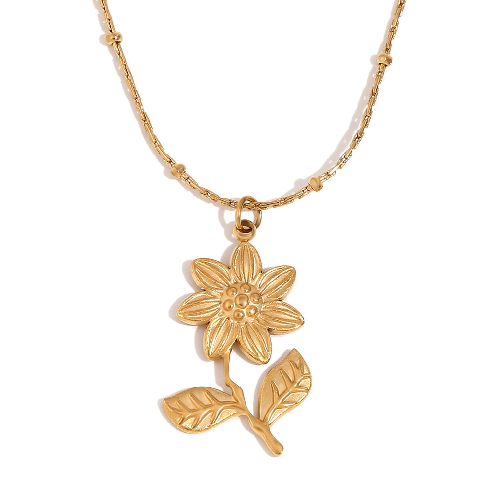 Collana con ciondolo a loto a sette petali in stile floreale vintage da donna in acciaio inossidabile placcato oro 18K