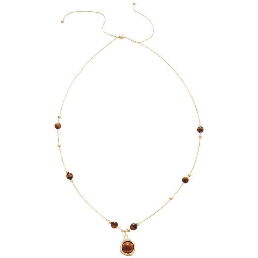 Collana con Ciondolo Vintage a Occhio di Tigre Geometrico Placcata Oro 18K Lunga per Maglione da Donna