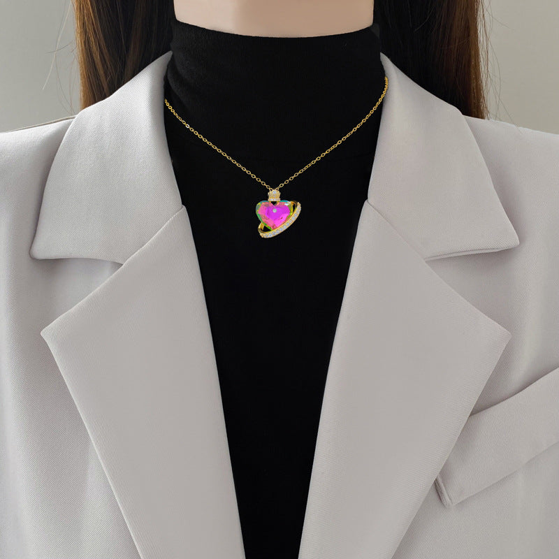 Sweet Minimalist Colorful Heart Crown Rhinestone Titanium Steel Necklace for Unisex