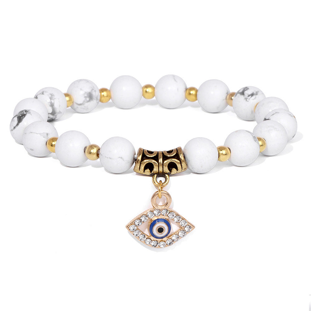 Vintage Minimalist Geometric Agate Beaded Bracelet with Evil Eye Pendant Unisex Jewelry