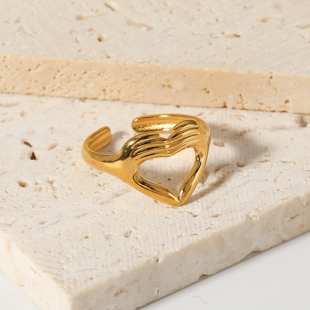 Minimalist Heart-Shaped Stainless Steel Ring with 18K Vacuum Gold Plating for Women