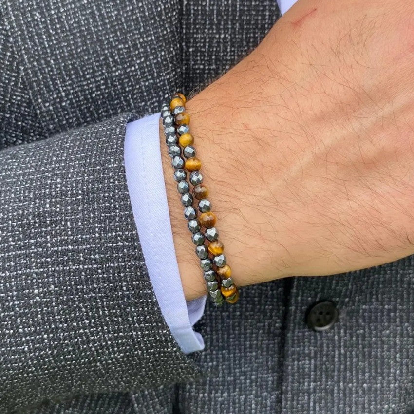 Business Geometric Round Tiger Eye and Hematite Handmade Beaded Stretch Bracelet for Men and Women