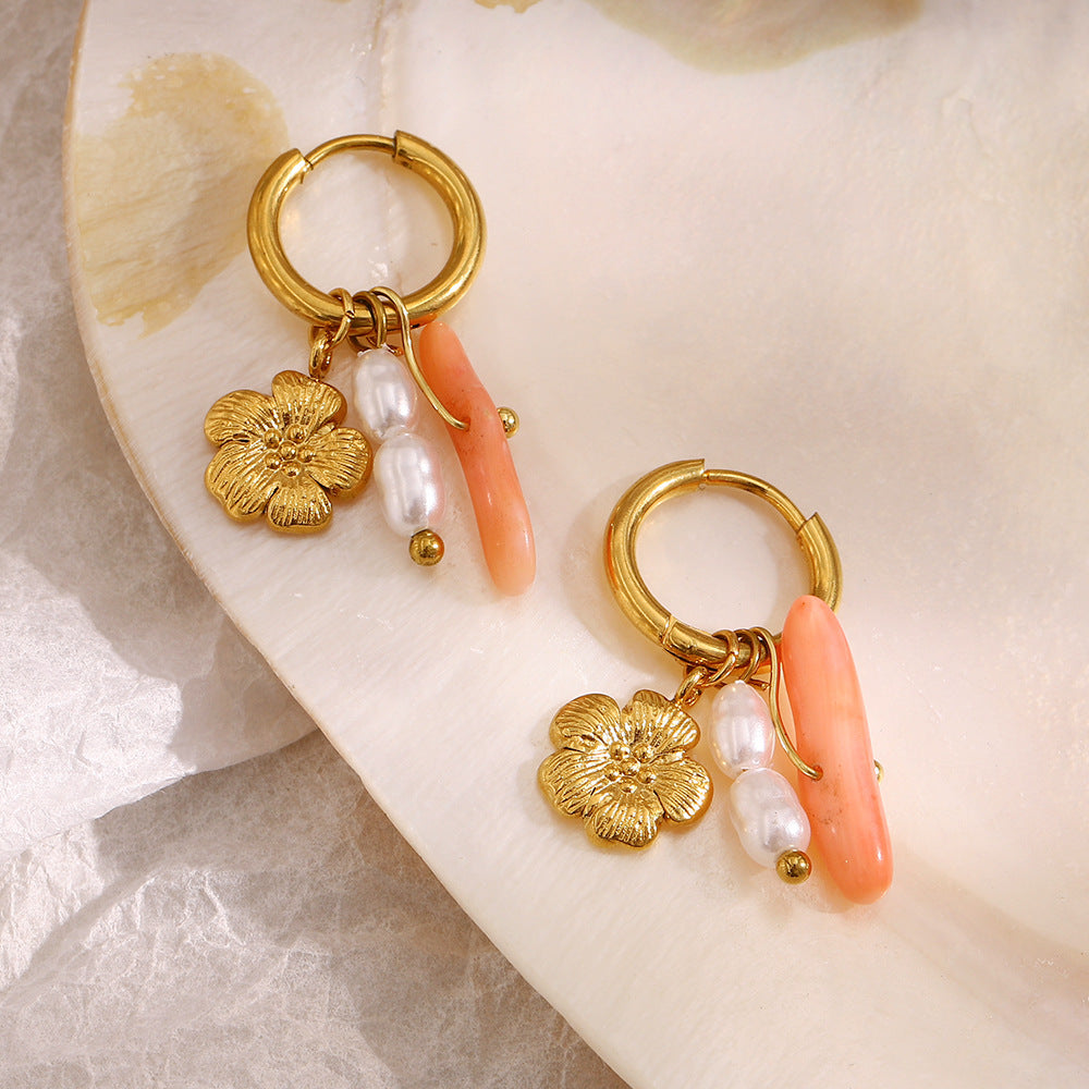 Set Collana con Ciondoli Floreali alla Moda da Donna con Catena in Acciaio Inossidabile e Ciondoli in Acciaio al Titanio Placcati Oro 18K