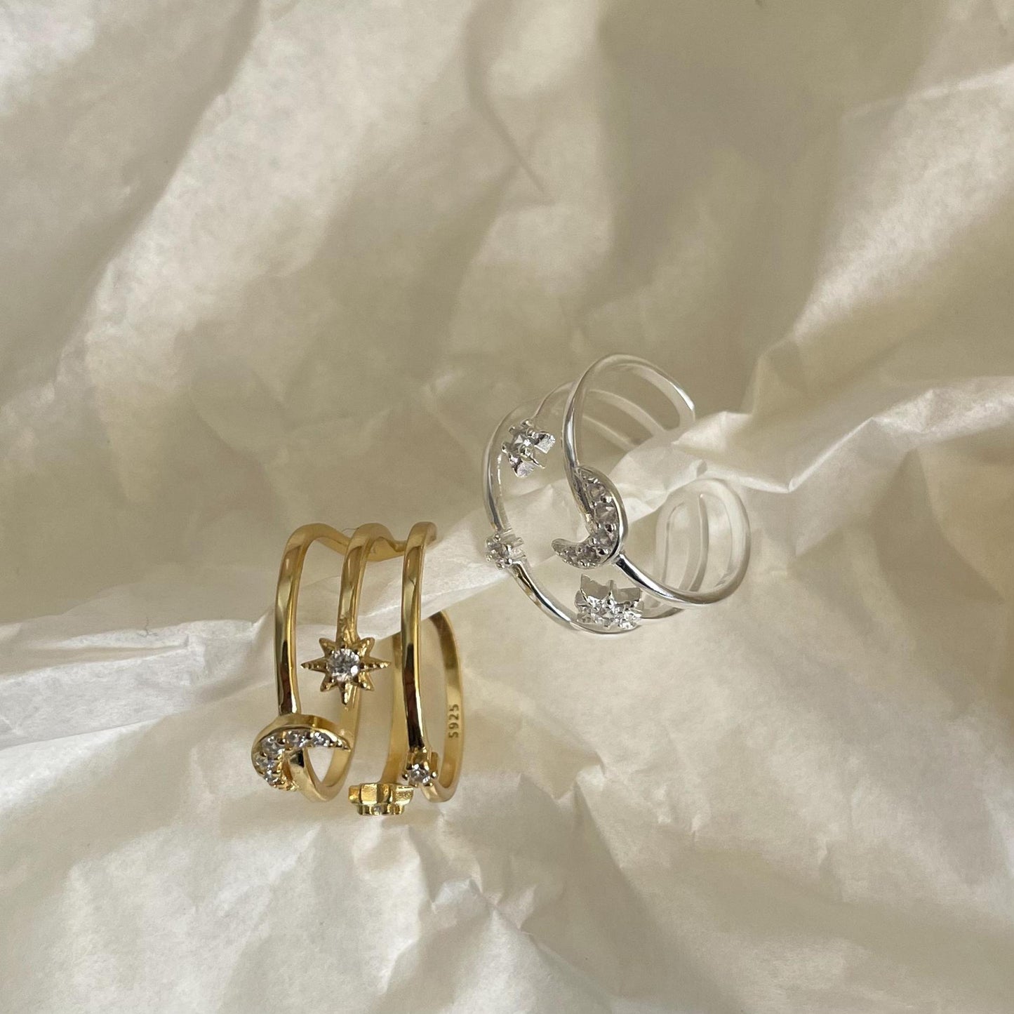 925 Sterling Silver Star Moon Double Layer Ring for Women