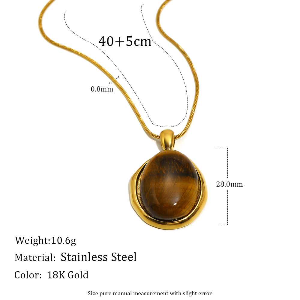 Minimalist Oval Tiger Eye Cross Necklace in Stainless Steel with 18K Gold Plating for Women