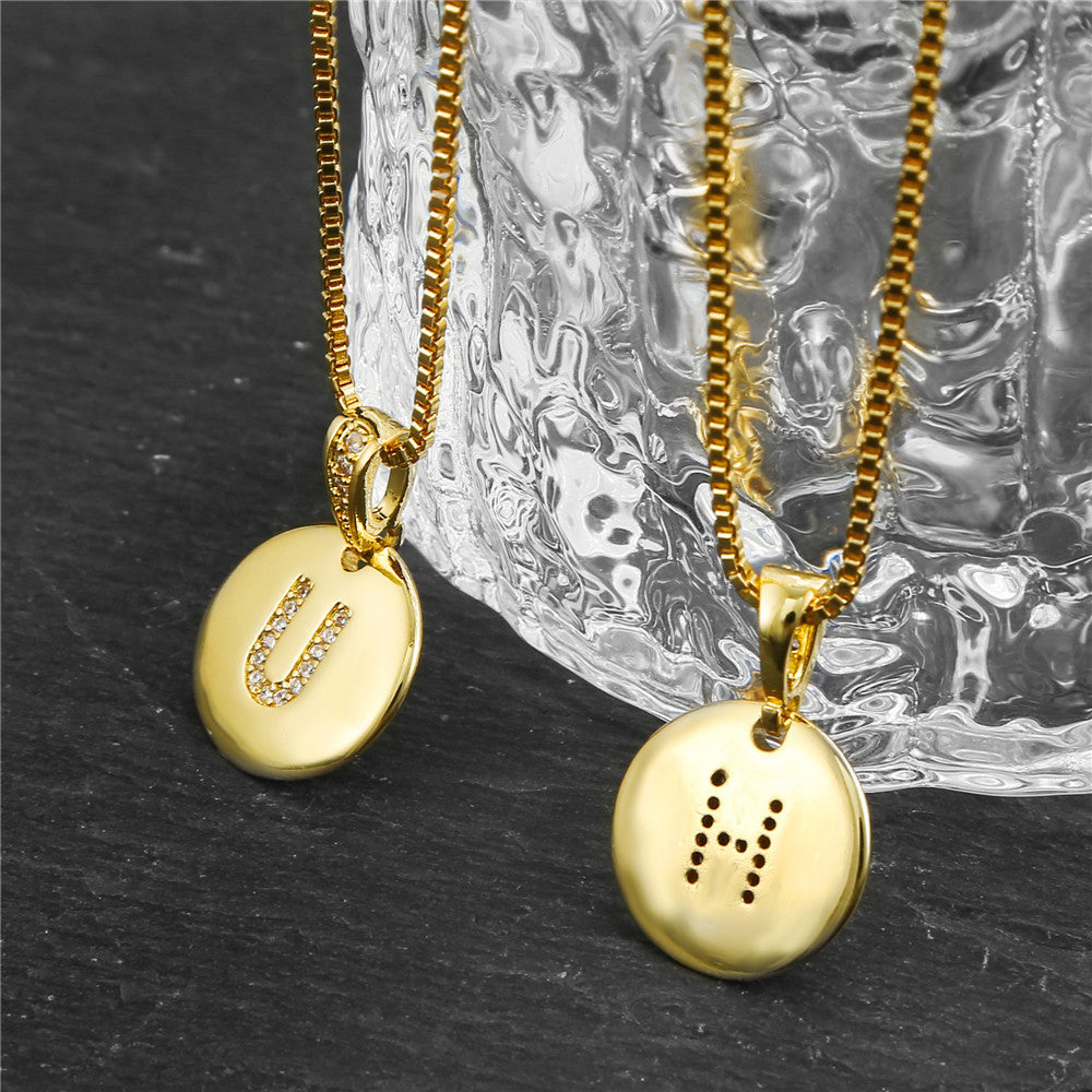 Vintage Sweet Geometric Letter Brass Inlay Cubic Zirconia Necklace Box Chain for Women