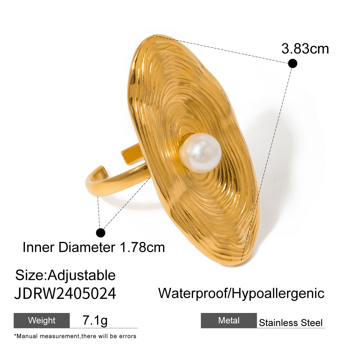 18K Gold Plated Irregular Stainless Steel Pearl Ring for Women