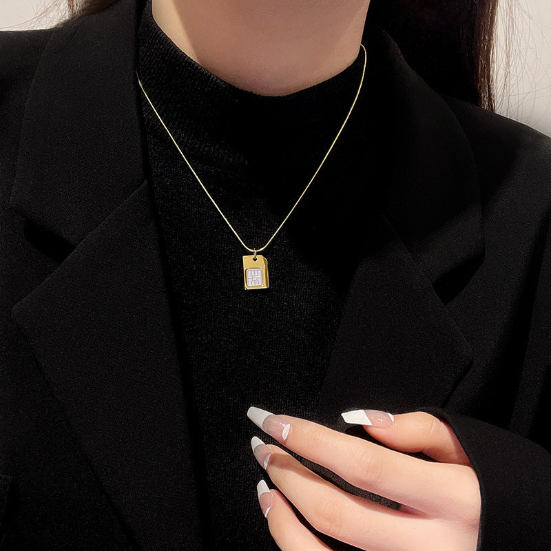 Minimalist Creative Design Titanium Steel Pendant Necklace for Women Square Geometric Electronic Card Holder with Electroplated Finish