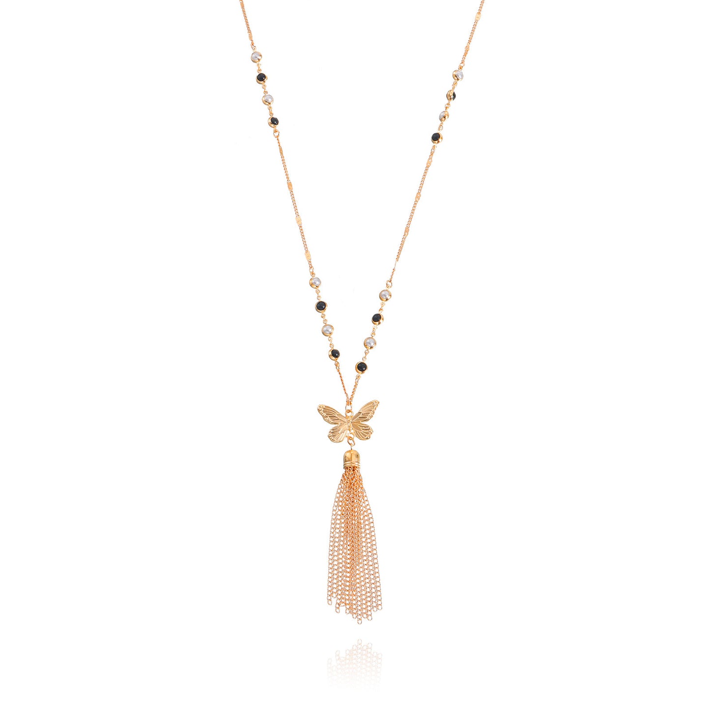 Minimalist Butterfly Pendant Necklace with Long Fringe Tassel for Women Alloy Chain Electroplated Geometric Design Collarbone Layered Sweater Chain