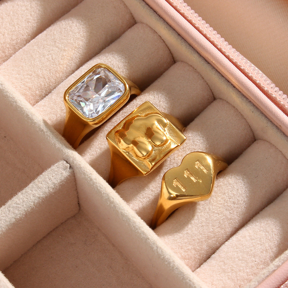 Retro Minimalist Stainless Steel Heart-Shaped Number 111 Ring with White Zirconia Inlay for Women