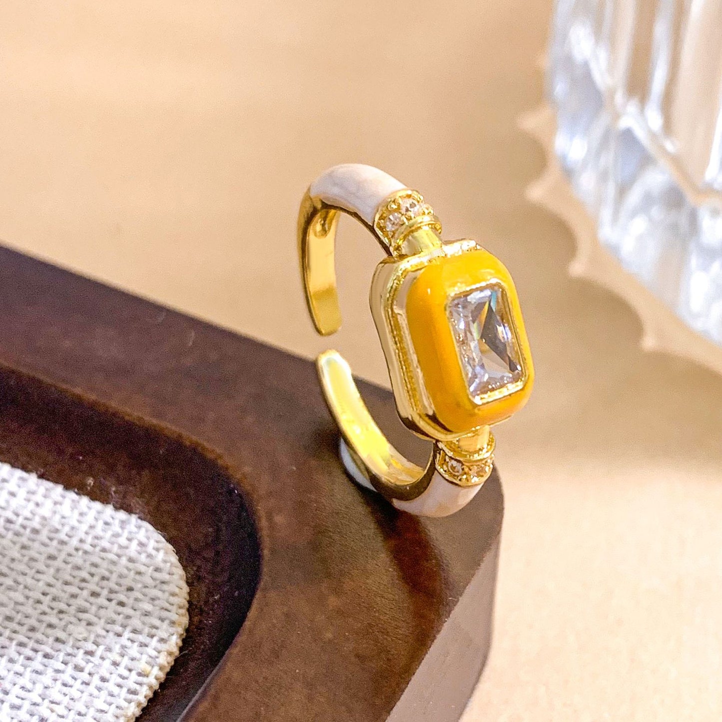Sweet Geometric Square Gold Plated Brass Ring with Cubic Zirconia and Enamel Drip Oil Design for Women