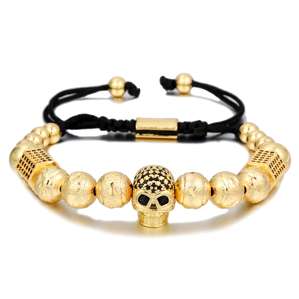 Adjustable Braided Skull Bracelet with Micro-Pave Zirconia for Men and Women, Geometric Design in Copper Hardware
