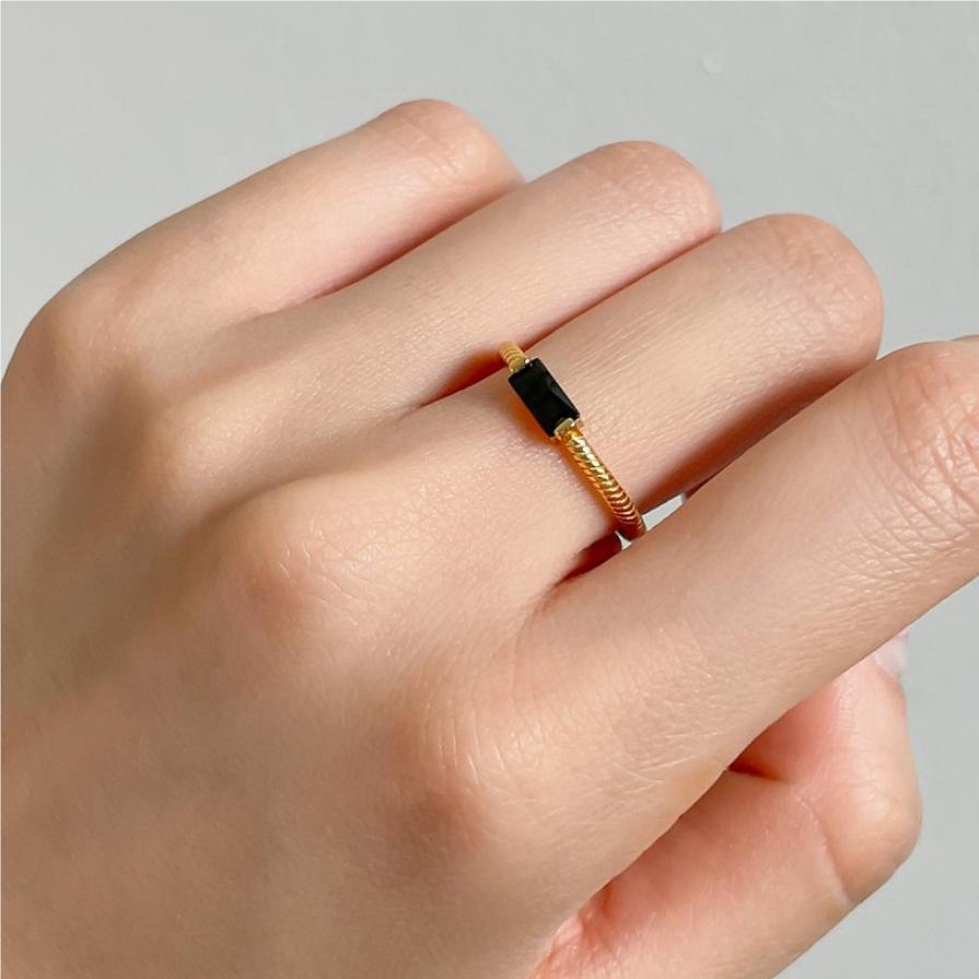 Minimalist 925 Sterling Silver Geometric Black Cubic Zirconia Open Ring