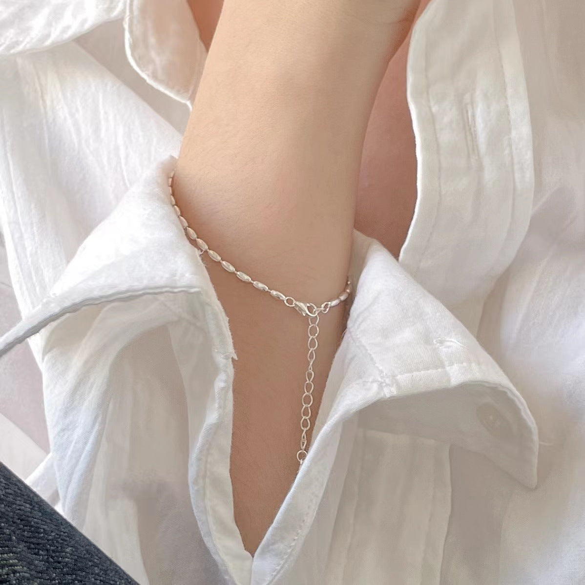 Minimalist 925 Sterling Silver Oval Bead Bracelet