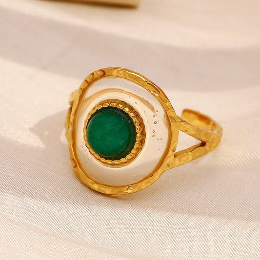 Vintage French Style Geometric Stainless Steel Ring with 18K Gold Plating and Acrylic Green Gemstone for Women