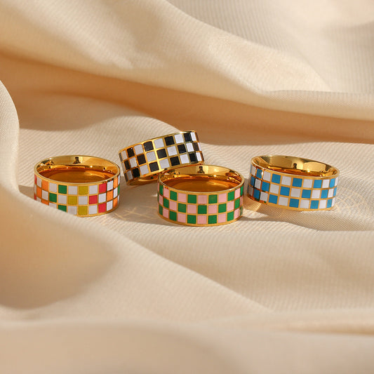 Minimalist Geometric Square Stainless Steel Plated 18K Gold Luxury Chessboard Pattern Ring for Women