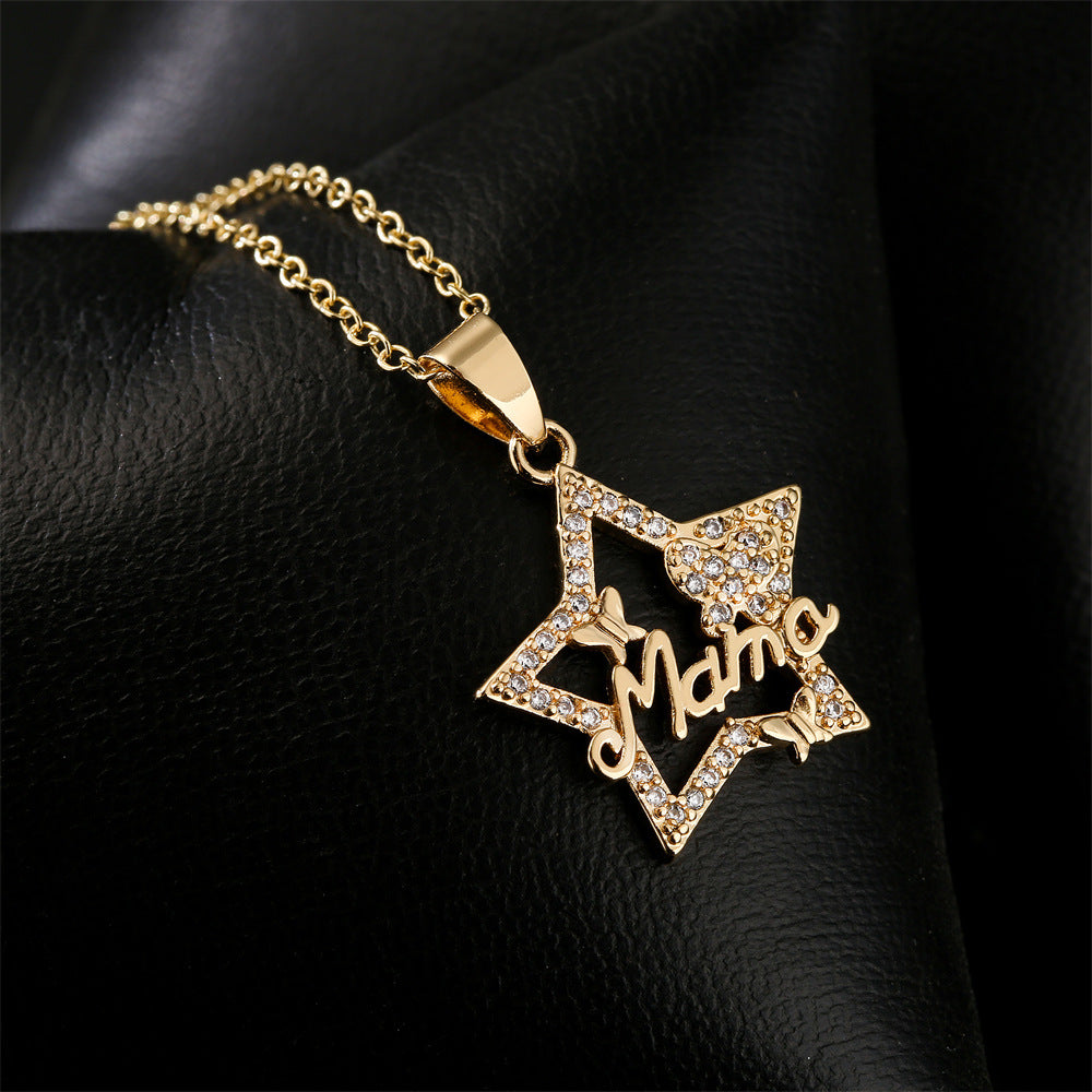 Geometric Star and Moon MAMA Pendant Necklace for Women in Copper with 18K Gold Plating and Zircon Inlay
