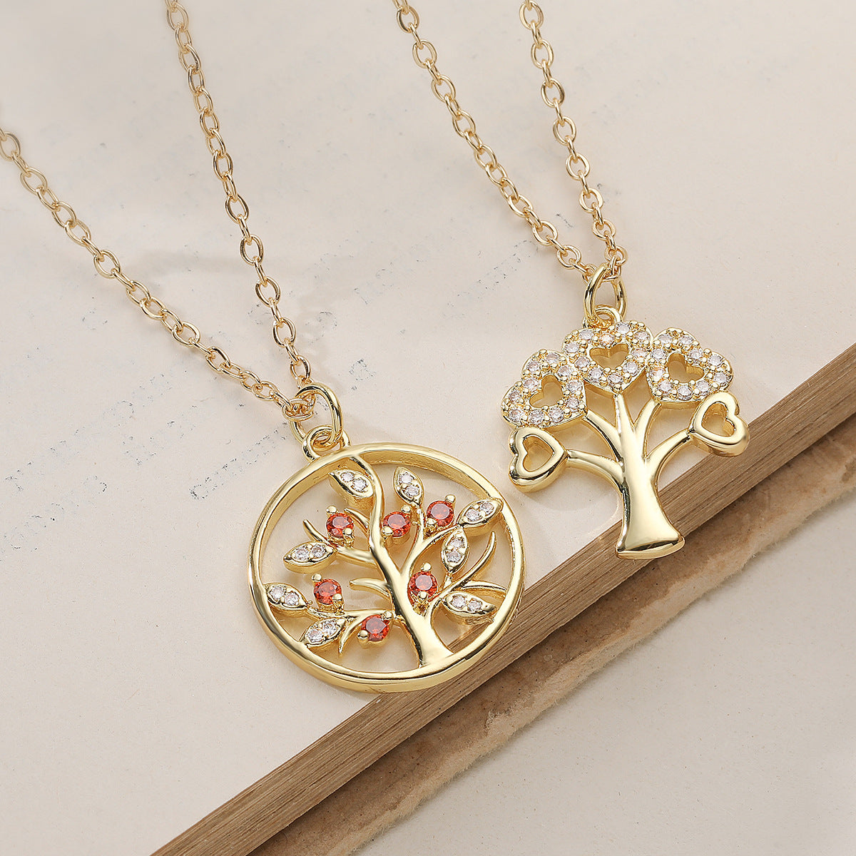 Minimalist Elegant Gold Plated Brass Geometric Tree of Life Pendant Necklace with Cubic Zirconia for Women