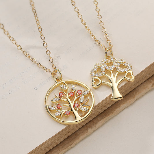 Minimalist Elegant Gold Plated Brass Geometric Tree of Life Pendant Necklace with Cubic Zirconia for Women