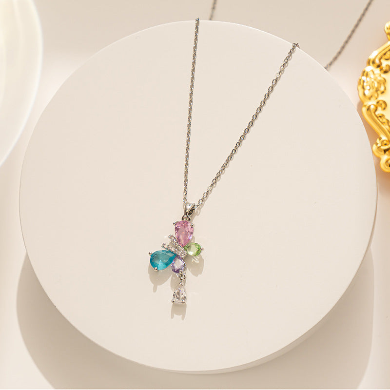Elegant Butterfly-Shaped Titanium Steel Necklace with Clear Colored Zircon Inlay for Women