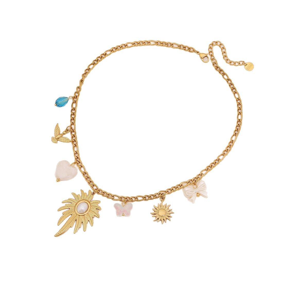 Collana in acciaio inossidabile placcato a forma di foglia, stile OL alla moda, con ciondolo a forma di girasole e perla, per donna