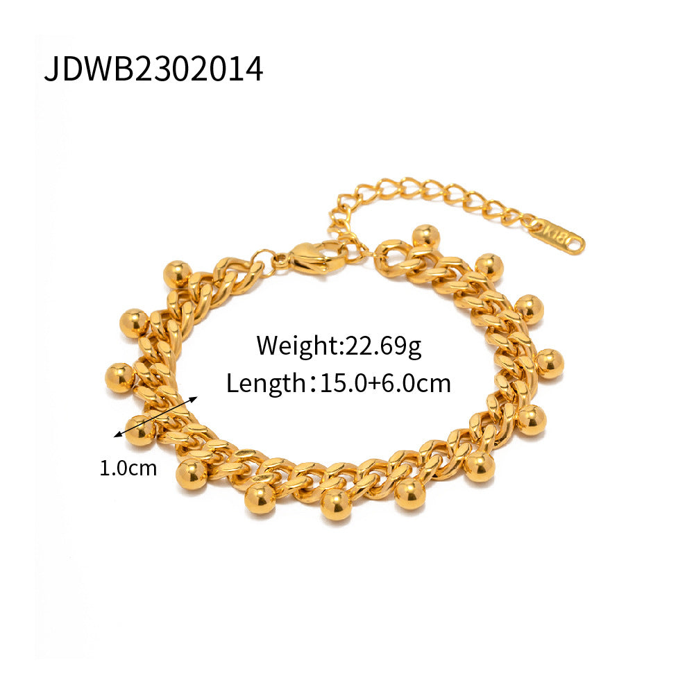 Trendy Geometric Tassel Bracelet 18K Gold Plated Stainless Steel Cuban Chain Beaded Design for Women