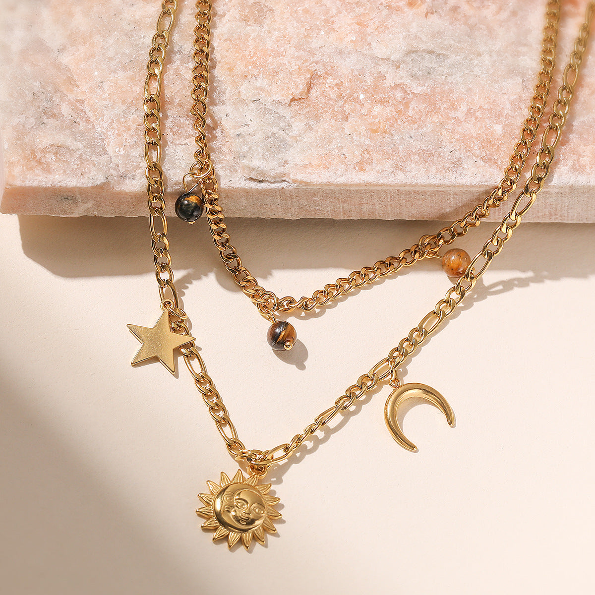 Minimalist Geometric Sun Cross Pendant Necklace for Women in Stainless Steel with 18K Gold Plating