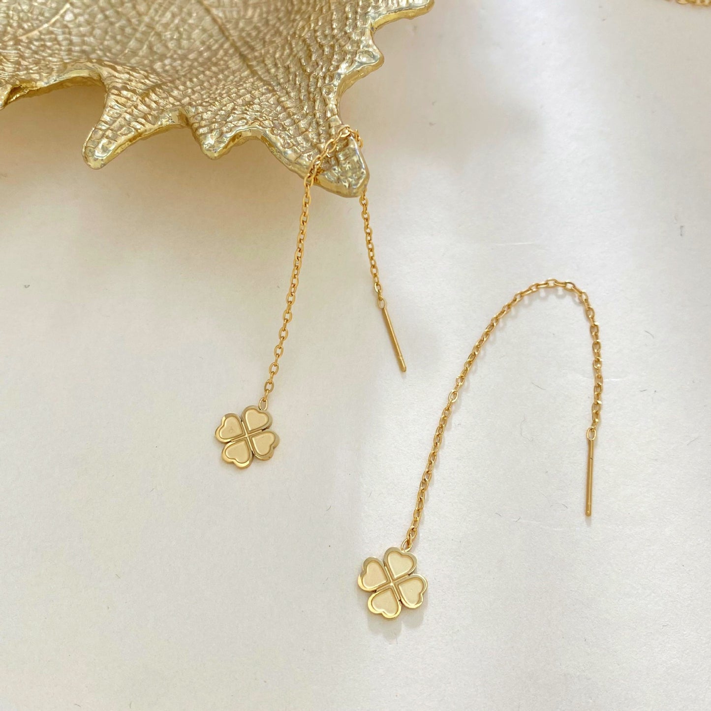 Minimalist Elegant Titanium Steel Floral Four-Leaf Clover Tassel Drop Earrings for Women