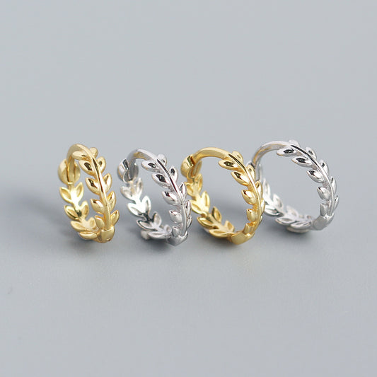 Orecchini a cerchio minimalisti in argento sterling 925 lucido a forma di foglia