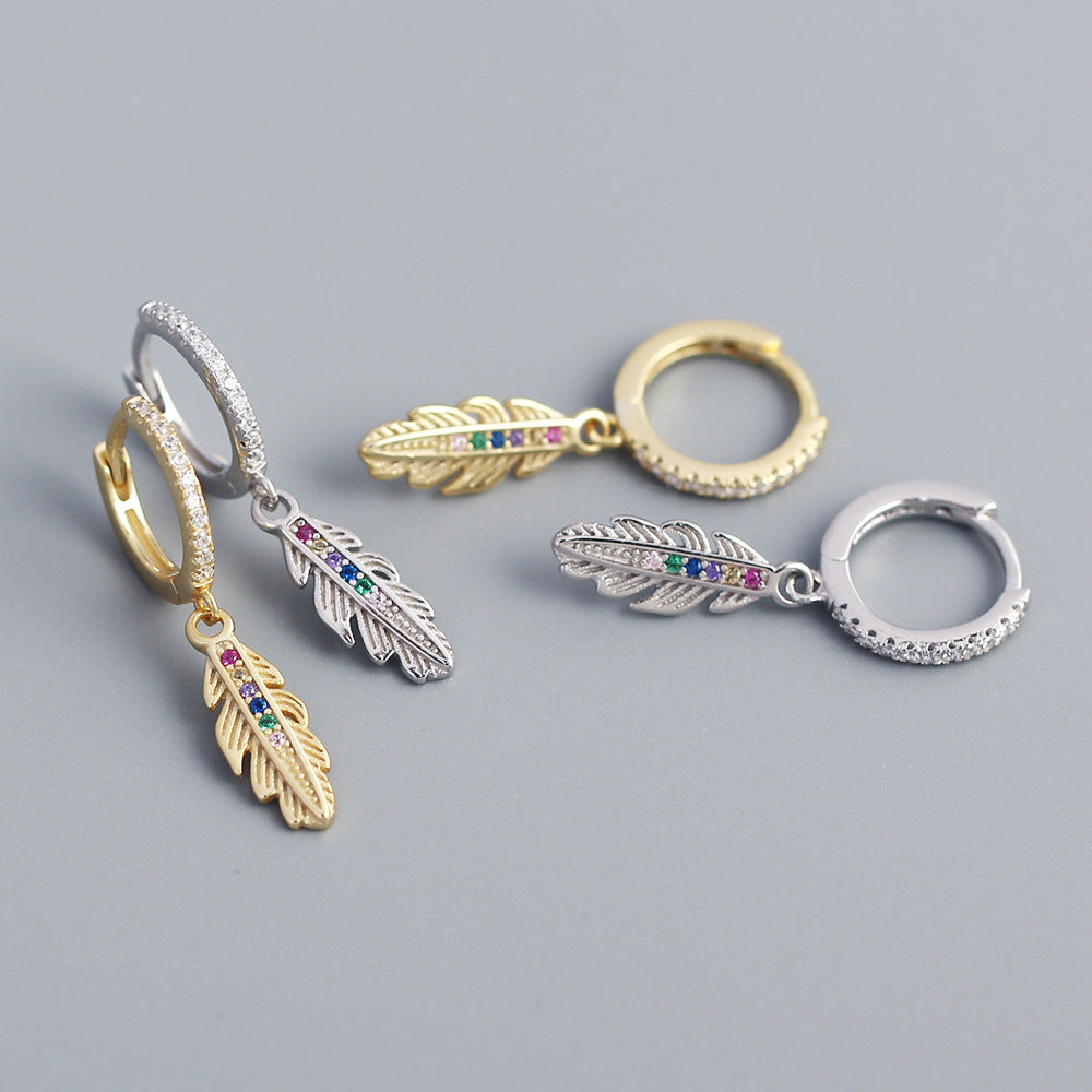 Eleganti Orecchini a Cerchio in Argento Sterling 925 a Forma di Piuma con Zirconi Cubici Colorati