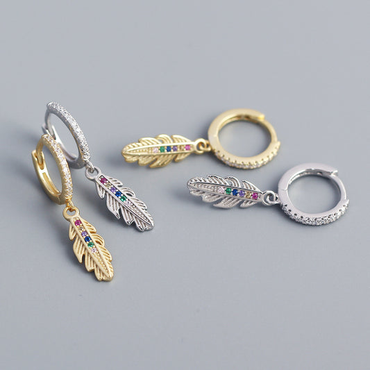Eleganti Orecchini a Cerchio in Argento Sterling 925 a Forma di Piuma con Zirconi Cubici Colorati