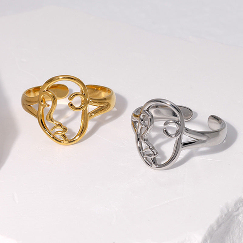 Abstract Face Adjustable Titanium Steel Ring with Hollow Design Minimalist Stainless Steel Index Finger Ring for Women