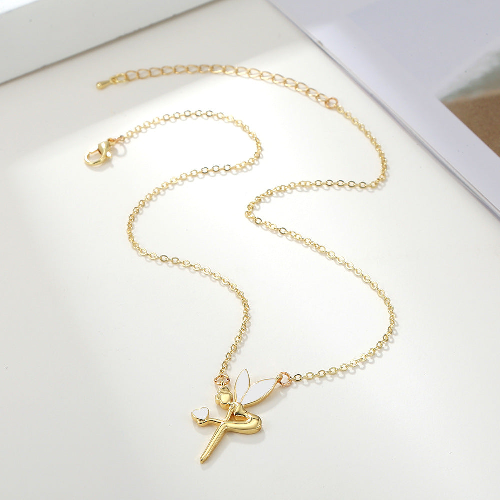 Geometric Drip Oil Brass Angel Pendant Necklace Cable Chain for Women