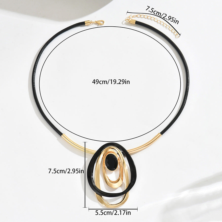 Collana Pendente Geometrico Retrò Circolare da Donna, Lega Placcata, Lunga Catena Clavicola con Design ad Anello