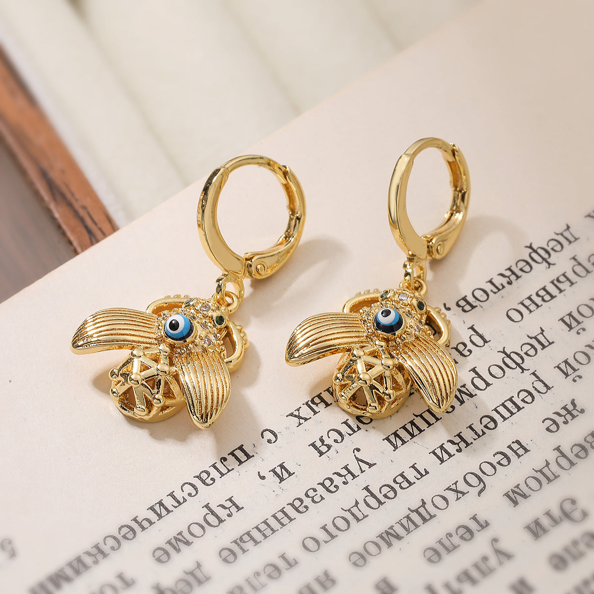 Minimalist Bee and Turtle Shape Copper Earrings with Gold Plating and Enamel Eye Detail for Women
