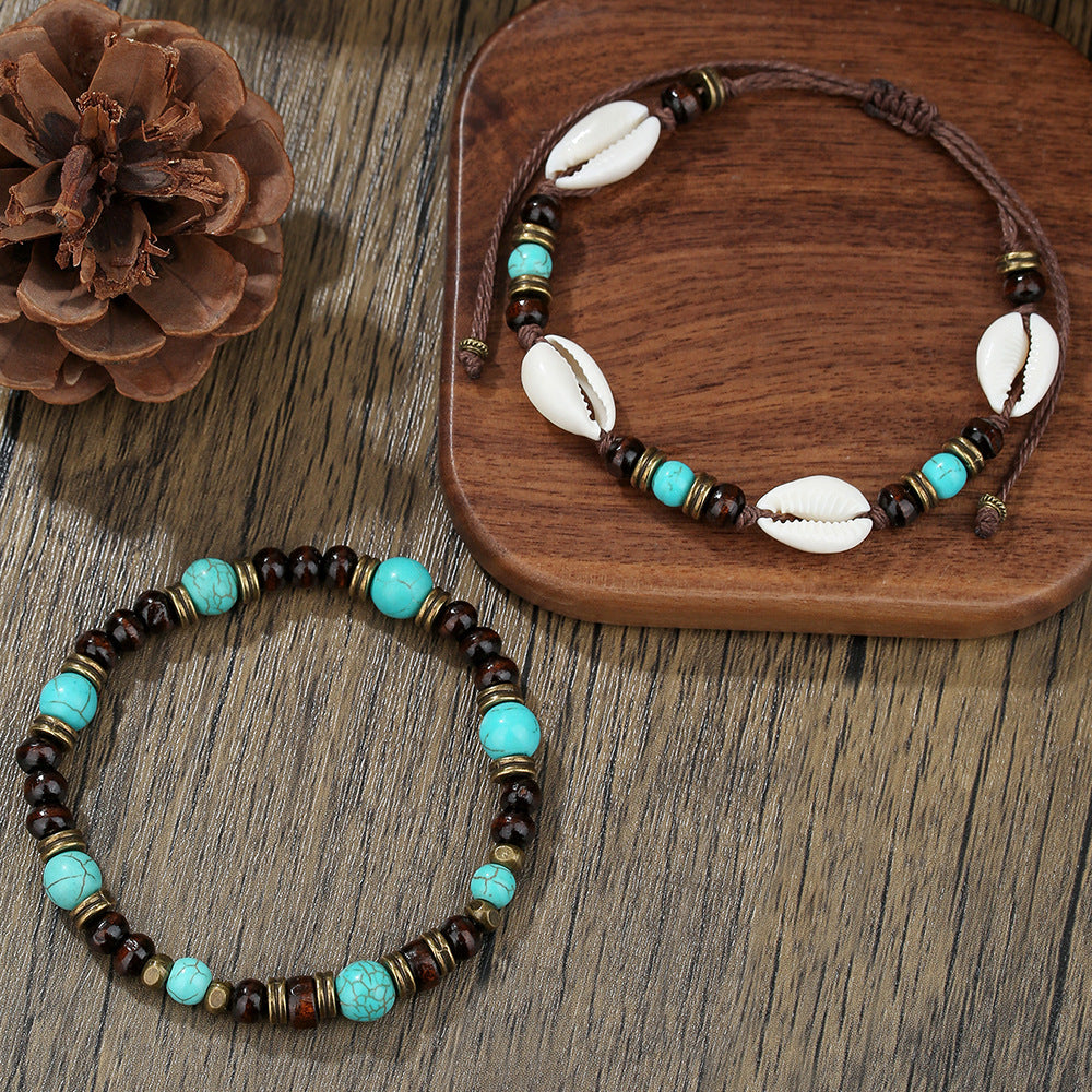 Vintage Round Wood Bead Bracelet Set with Turquoise Inlay for Unisex