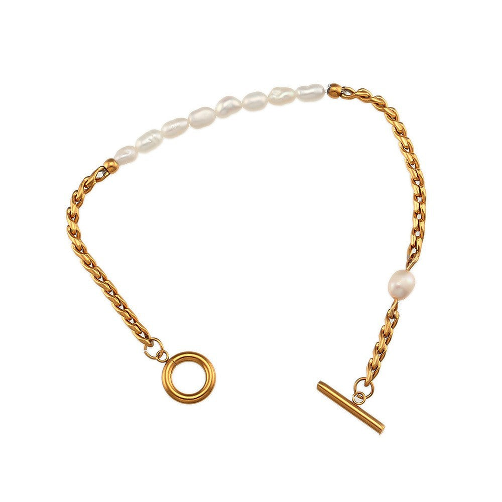Minimalist Geometric Pearl Pendant Necklace and Bracelet Set in Titanium Steel with Plated Finish for Women