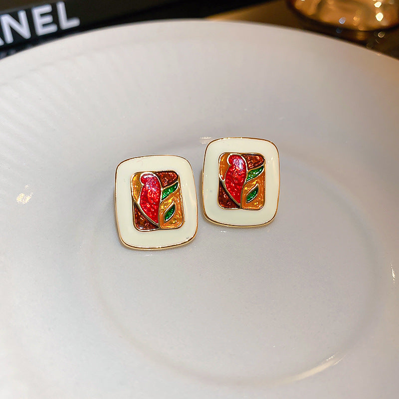 Pendientes de tuerca de metal esmaltado floral vintage con postes de acero para mujer, diseño retro de círculo botánico