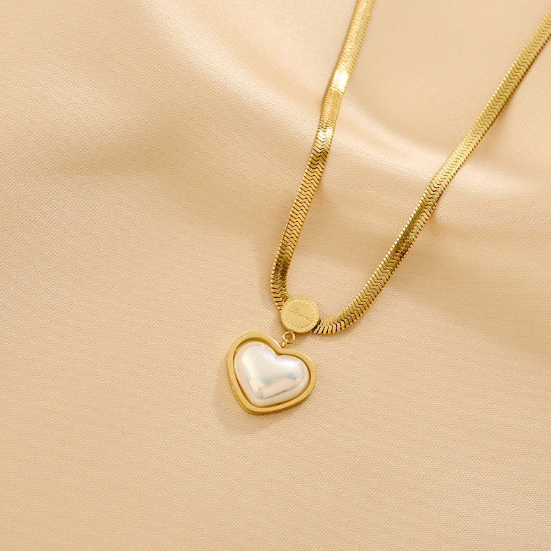 Cute 18K Plated Titanium Steel Heart Pendant Necklace Simple Snake Chain for Women