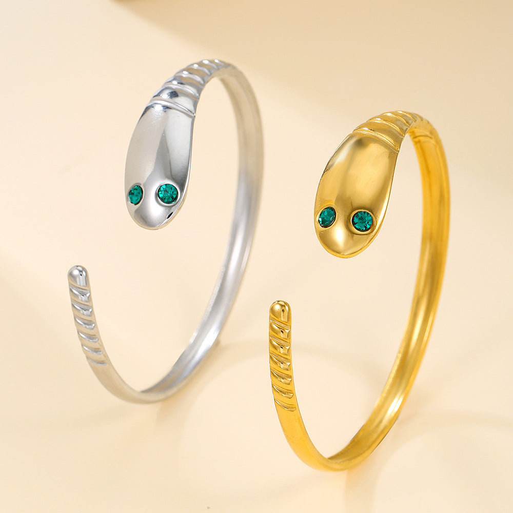 Minimalist Luxury Snake Shape Stainless Steel Plated Rhinestone Open Cuff Bracelet for Women